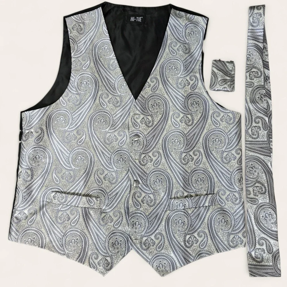 Hi-Tie & Barry Wang Mens Vest Lot 7pc Paisley Jacquard XL/L Multi Formal Wedding